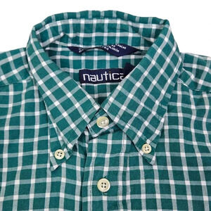 Nautica Button Down Shirt Mens Sz S Green White Plaid‎ Long Sleeve Cotton Casual